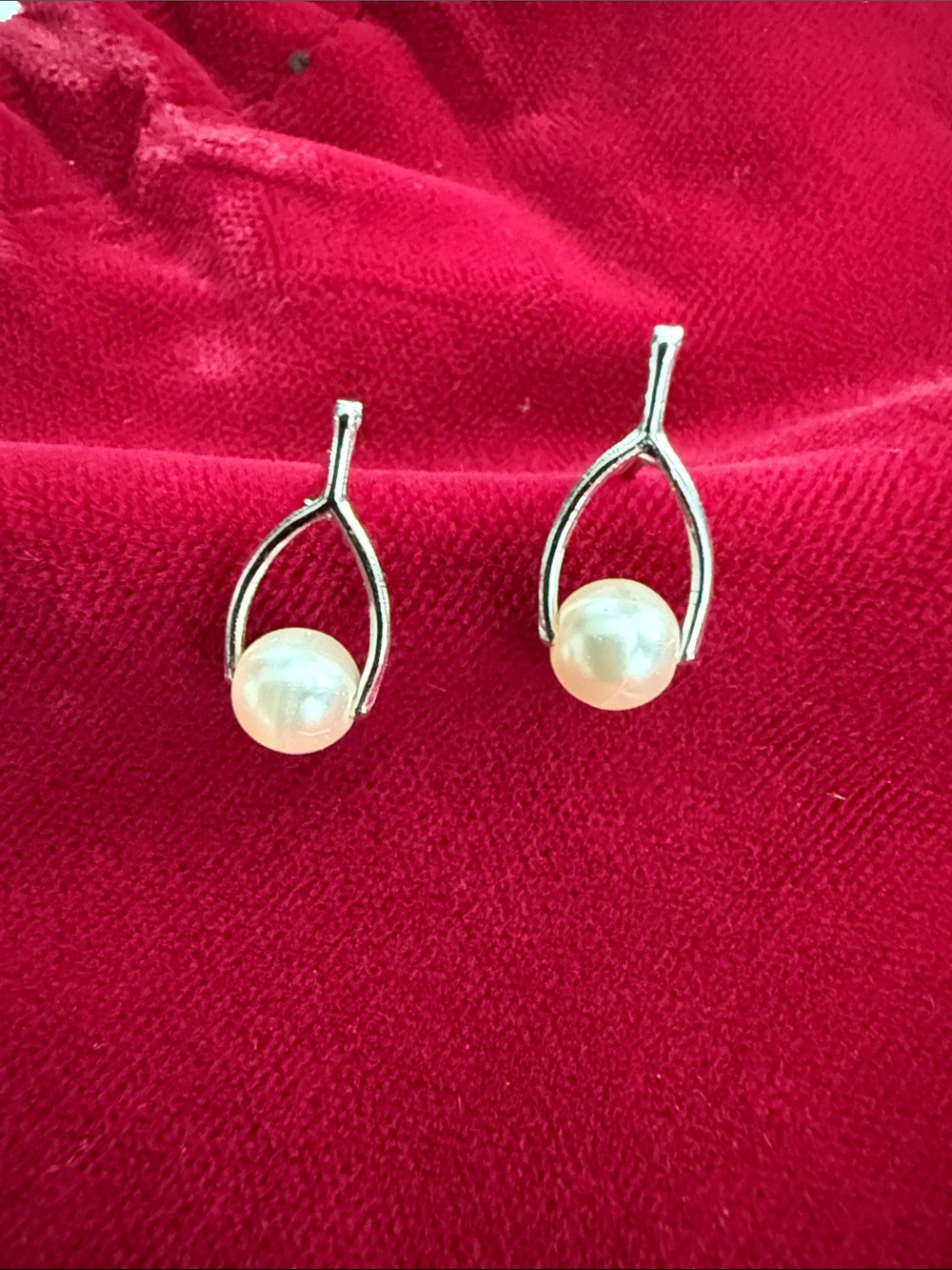 Classic Pearl Drop Stud Earrings - White Pearls with Silver Tone